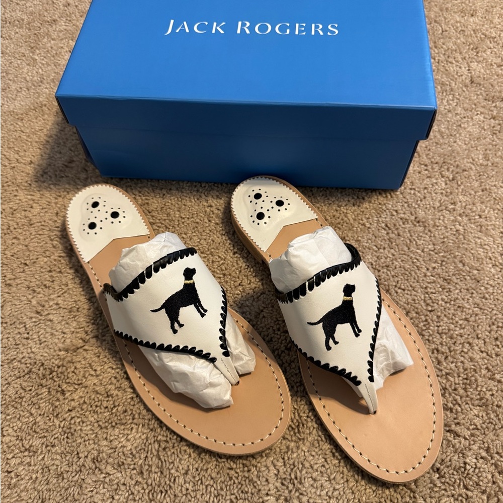 Jack Rogers Cream Sandals with Black Dog